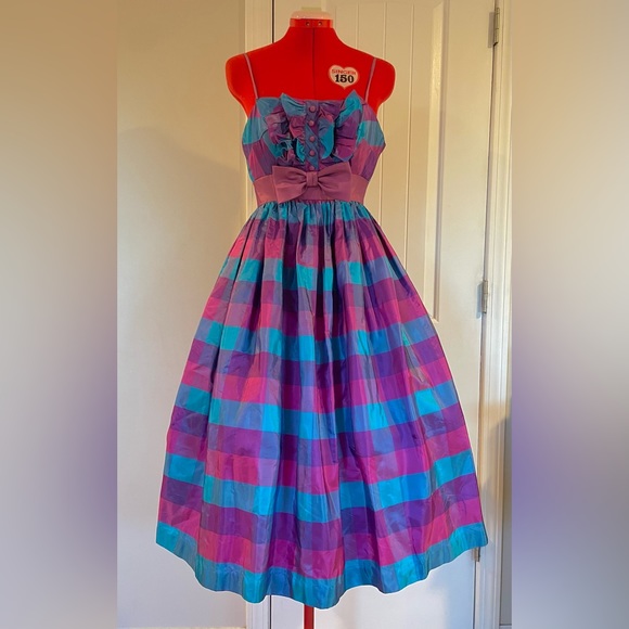 Vintage Dresses & Skirts - 1960s / 1950s VTG Blue Purple Plaid Tuxedo Bodes Fit & Flare Sundress
